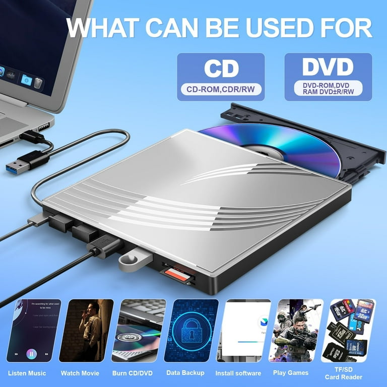 Finopo 8-in-1 External CD/DVD Drive, USB 3.0, Ultra Slim, with 4