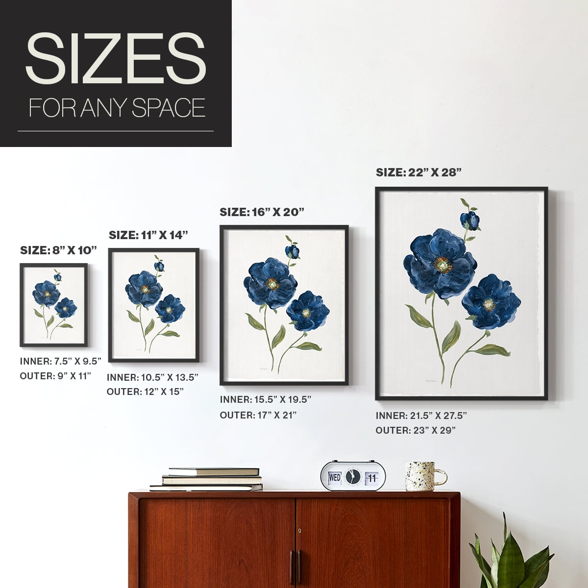 Blue Poppies Framed Print in Black Solid Wood Framed Print No Nail Hanging