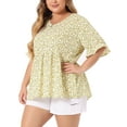 thumbnail image 4 of NOMADIC NOOK Women's Plus Size 2 Pieces Floral Tops Summer V Neck Ruffle Short Sleeve Casual Tiered Babydoll Blouses 4X Light Yellow/Navy Blue, 4 of 6