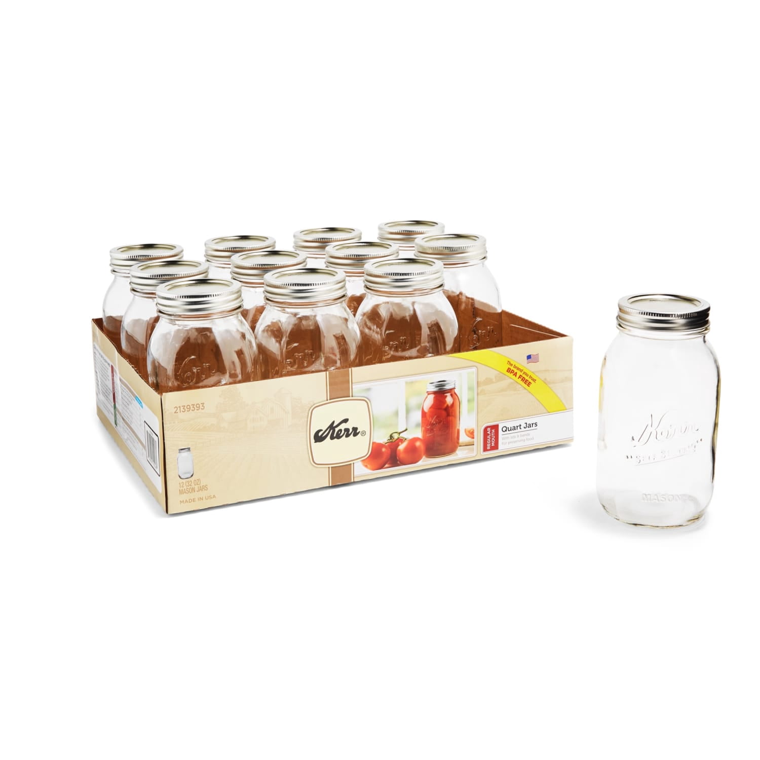 Kerr Canning Jars, Regular Mouth Quart (32 oz.) Mason Jars with Lids and Bands, 12 Count