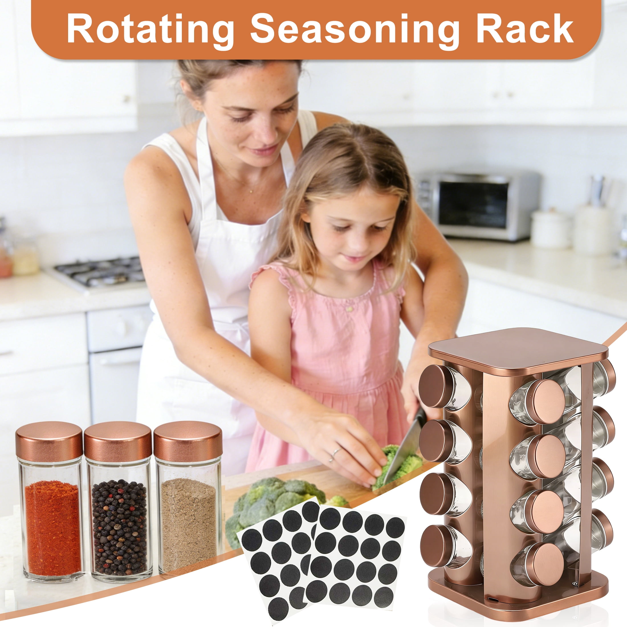 Rotating Spice Rack, Spice Organizer with 16-Jar, Seasoning Rack Organizer with Funnel & Labels, Kitchen Storage Rack for Countertop, Cabinet, Pantry