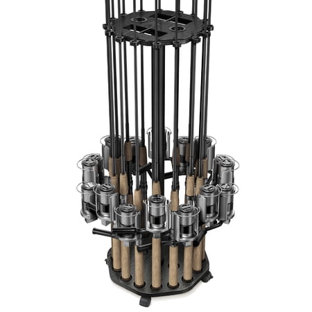Black 16-Rod Fishing Rod Rack Mobile Lockable Wheel Floor Stand