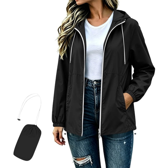 Jackets for Women Baeitkot Women's Solid Color Winter Fashion Hooded Drawstring Sports Waterproof Raincoat Windbreaker Long Sleeve Jacket