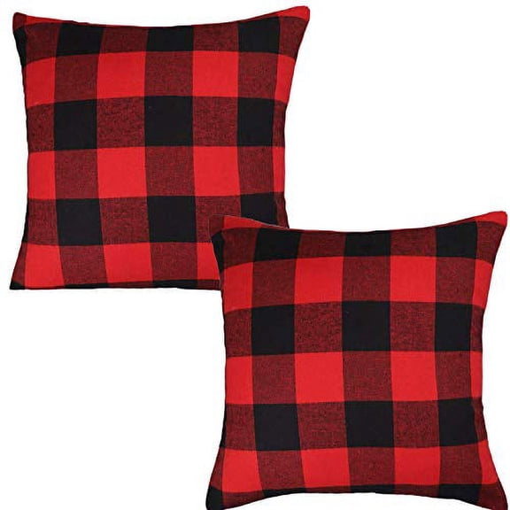 Jashem Plaid Throw Pillow Cover 18x18 Inch Cotton Cushion Cover Black and Red Buffalo Check Pillow Case for Modern Home Decor Set of 2 (Big Plaid red Black)