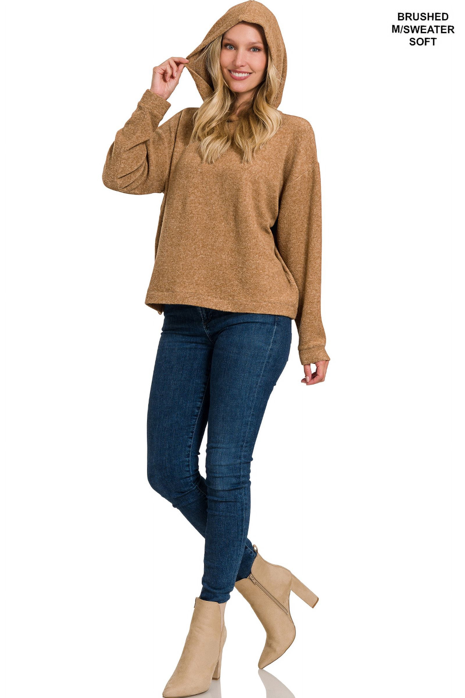 Zenana Women's Plus Size Casual Hooded Brushed Melange Hacci Relaxed Fit Light Sweater