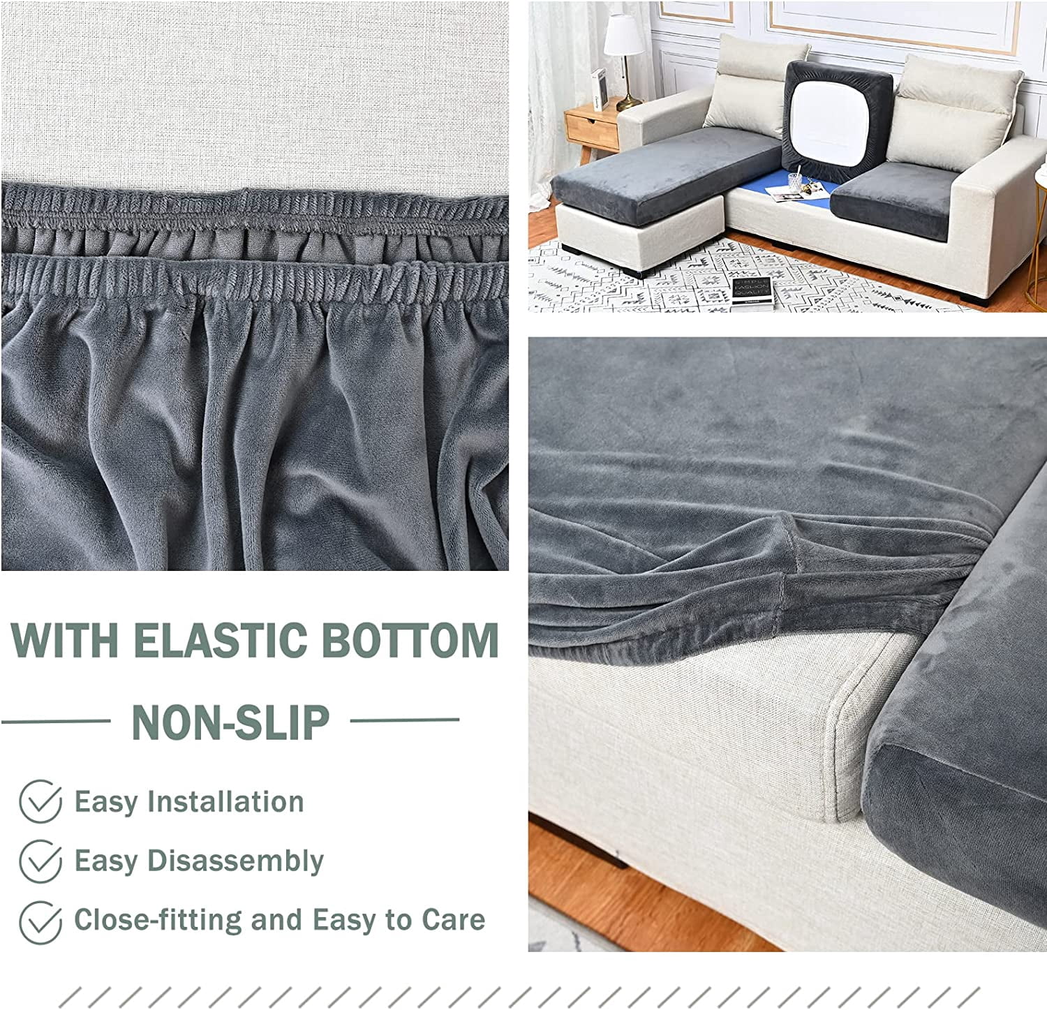 DONGPAI Stretch Velvet Couch Cushion Covers for Sectional Sofa L Shape, Sofa Couch Soft Seat Slipcover, Dark Gray(for 4 Cushions,1 Piece)