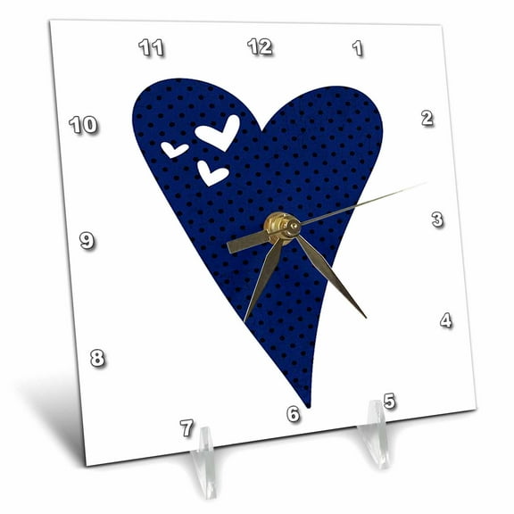 3dRose, Cute Whimsical Blue and Black Polka Dot Heart, 6x6 Desk Clock
