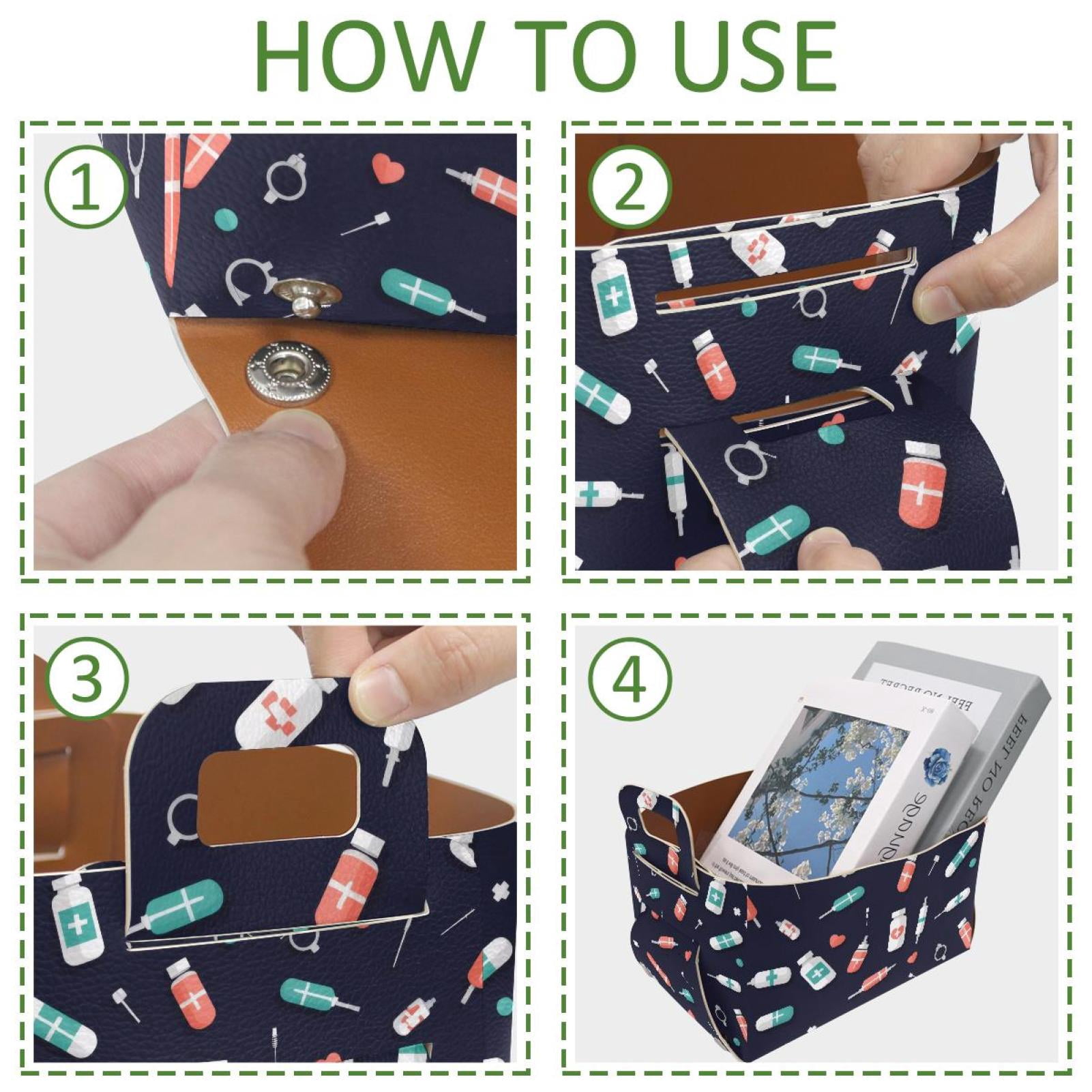 Medicine Picture Storage Basket Collapsible Storage Bin, PU Foldable Basket Convenient Box Storage Organizer with Handles for Shelves Office Bedroom Closet Nursery Toys Laundry