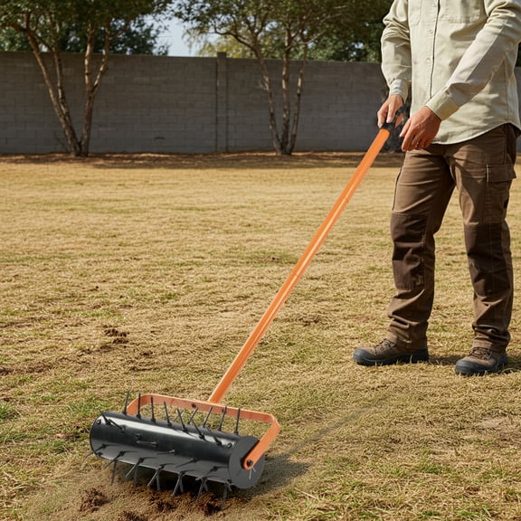 UBesGoo 17-Inch Rolling Lawn Aerator, Heavy Duty Galvanized Steel with 48" Handle for Soil Aeration, Orange & Black