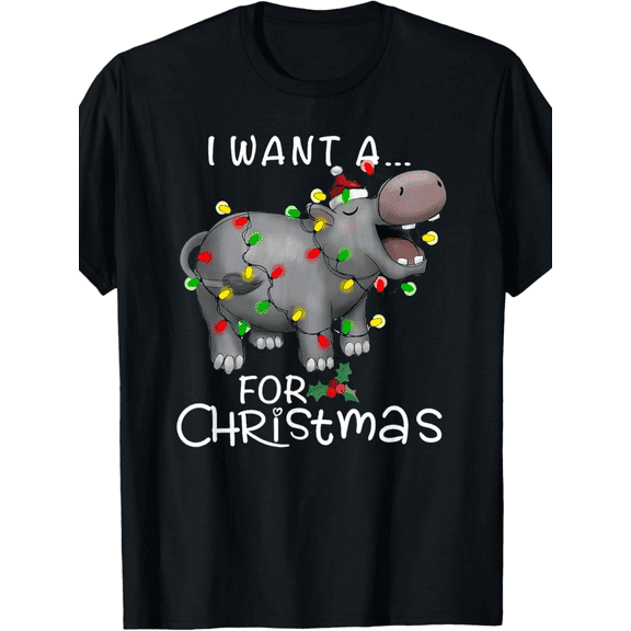 Funny Christmas Hippo Wrapped in Lights Unisex Gift Graphic T-Shirt