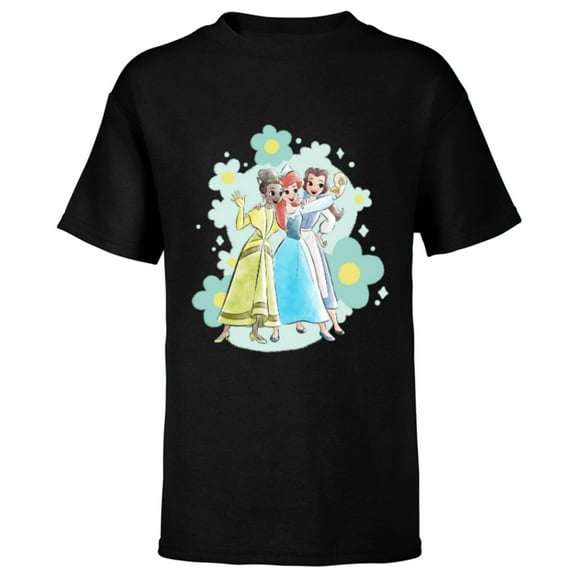 Disney Princess Tiana Ariel and Belle Seashell Selfie - Short Sleeve T-Shirt for Kids - Customized-Black