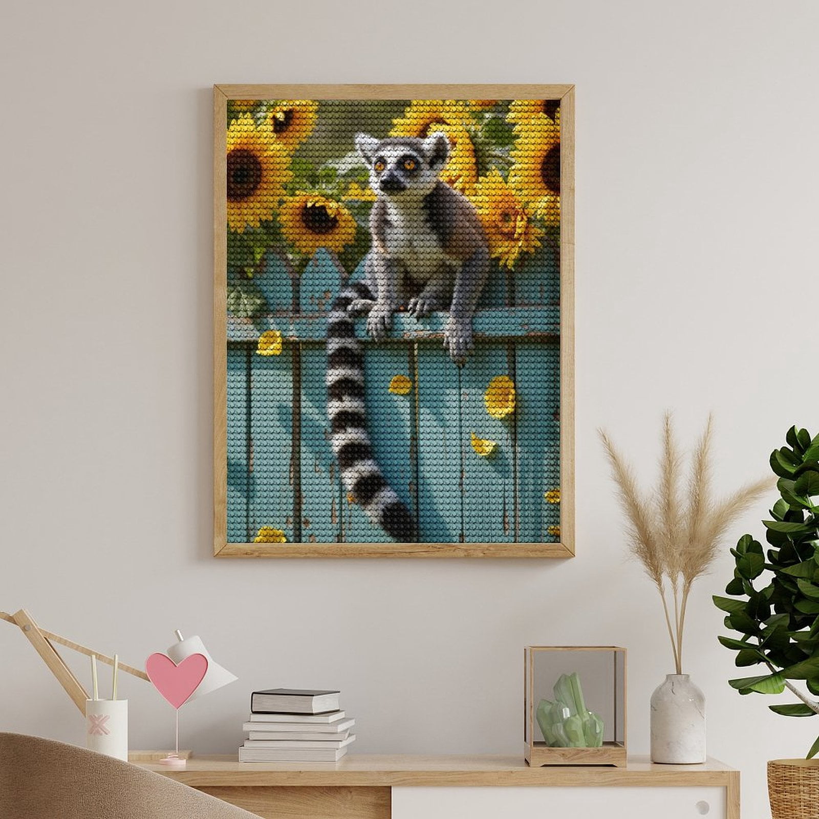 Diamond Art Kits for Adults, Lemur Sunflowers Fence Bright Scene 5D Diamond Painting Kits for Adults Beginners, DIY Full Drill Diamond Painting, Gem Art and Crafts 12x16