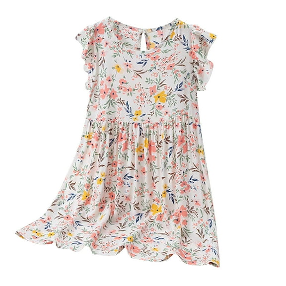 Bovxnpu Summer Toddler Girls Dresses, Toddler Girls Cotton Dress with Ruffle Sleeves, Toddler Girls Sleeveless Dress Graphic Print Flying Sleeve Dress 5 Years