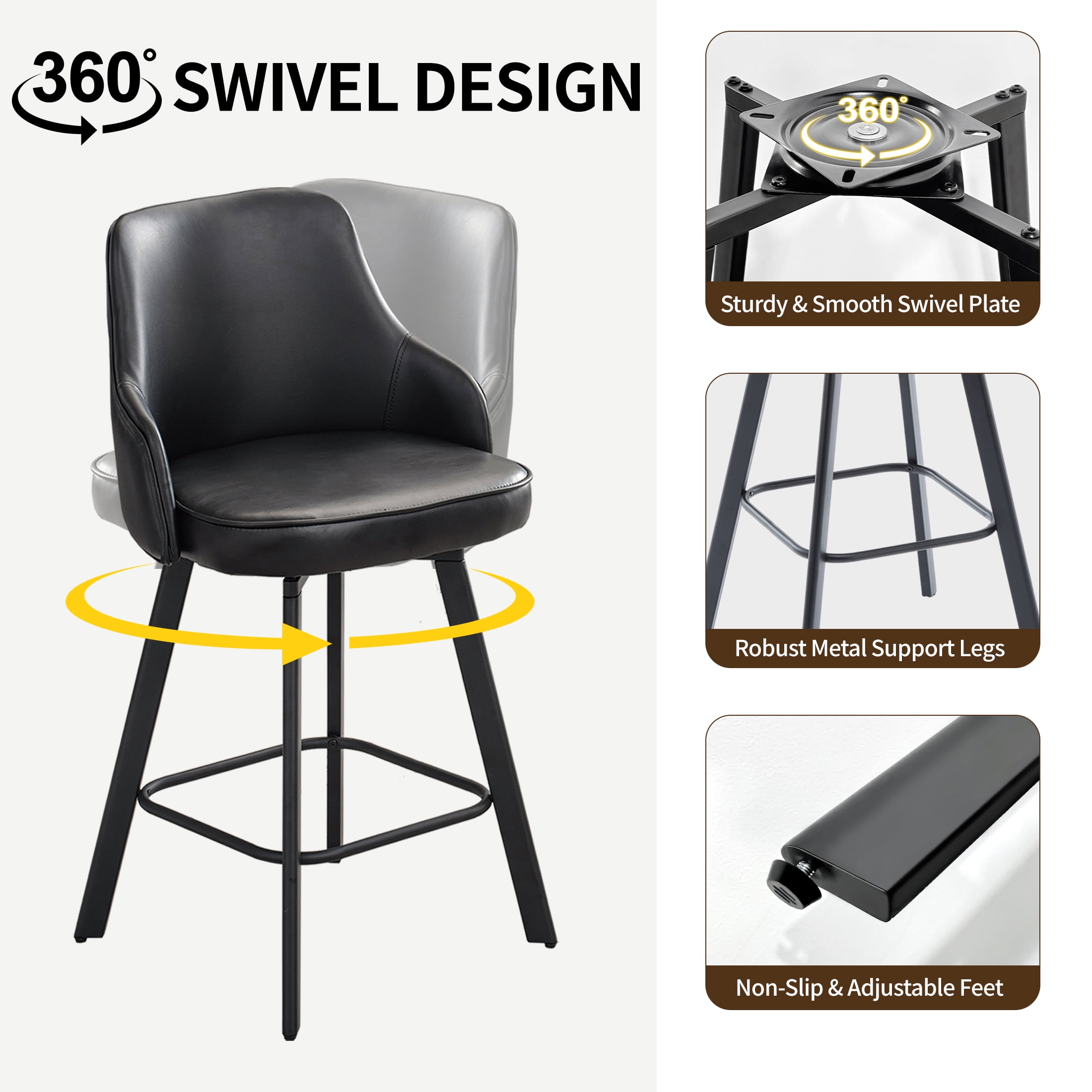 FIRAVOE Bar Stools Set of 2, 30" Swivel Bar Height Bar Stools with High Back, Faux Leather Bar Chairs Black Barstools for Kitchen Island