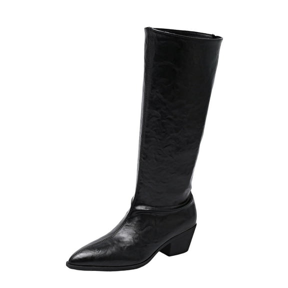 Black Ladies Mid Calf Boots Pointed Toe Chunky Heel Winter Style Comfortable For Daily Wear
