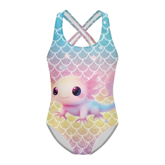 Swimsuit for Girls One Piece Cute Cartoon Print Tank Gymnastics Leotard Swimming and Water Play Tankini Sky Blue Size 9-10 Y
