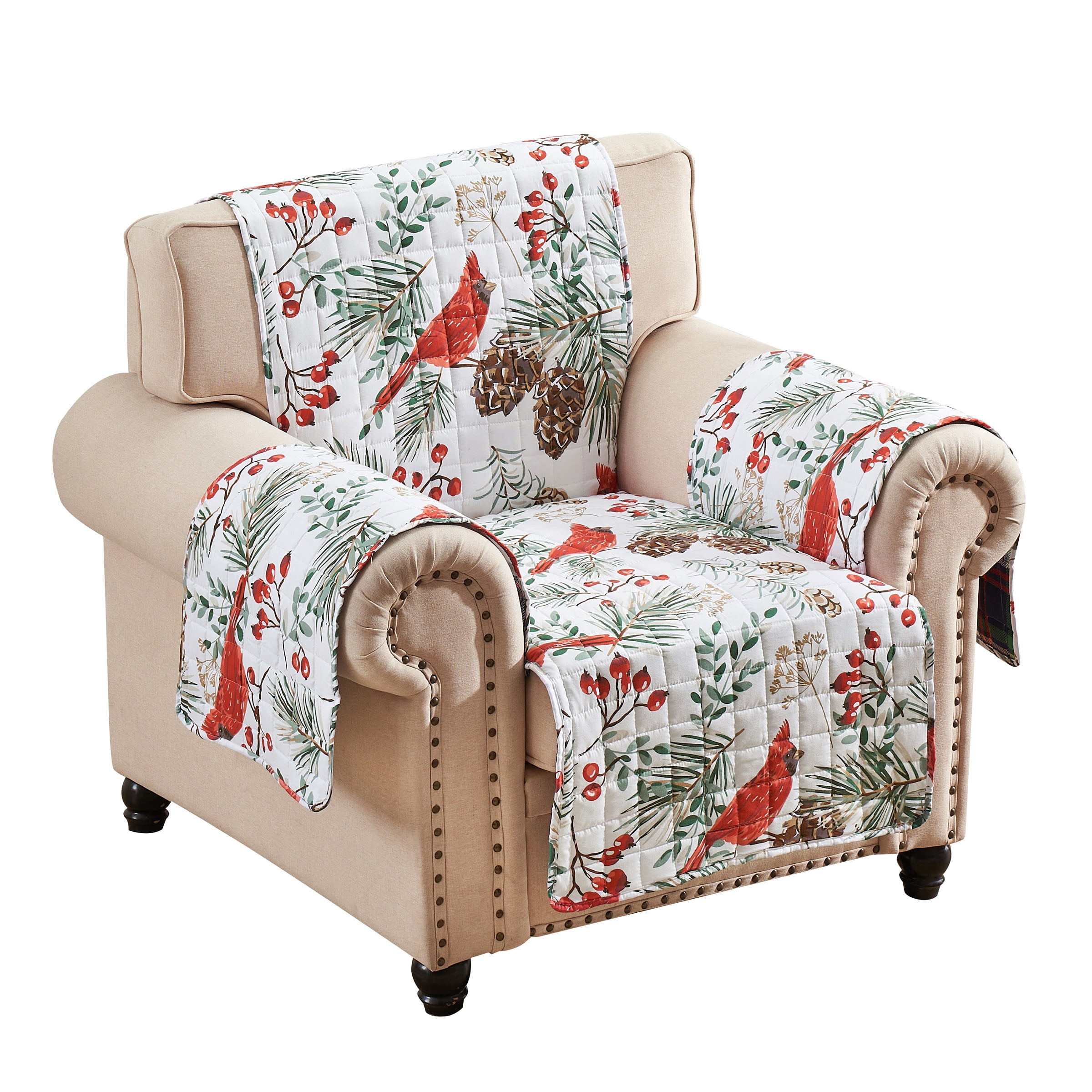 Greenland Home Fashions Cardinal Plaid Reversible Winter Holiday Furniture Cover - Arm Chair Protector