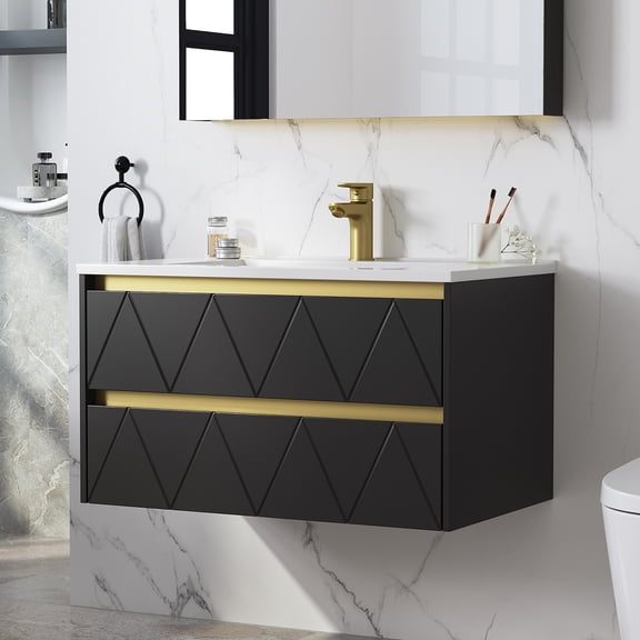 DELUXE LIVING 30" Bathroom Vanities with Sink Top, Modern Wall Mount Floating Vanity with 2 Drawers , Black