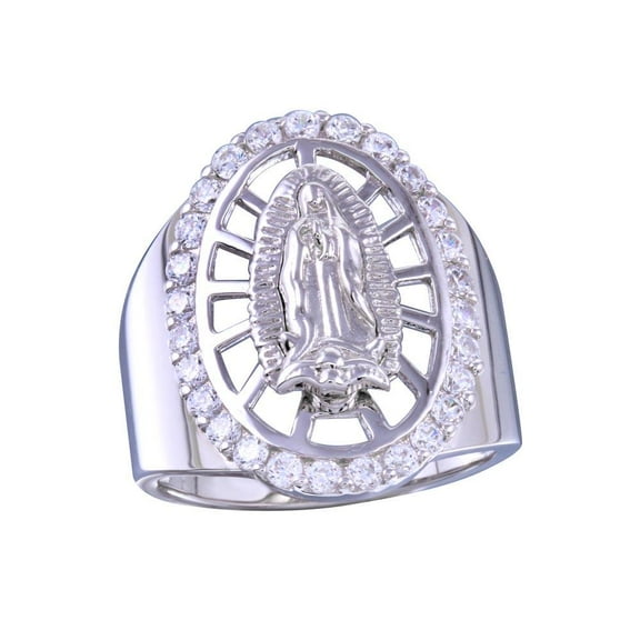 Rhodium Plated 925 Sterling Silver Oval Lady of Guadalupe Ring Band White CZ Female Size 5