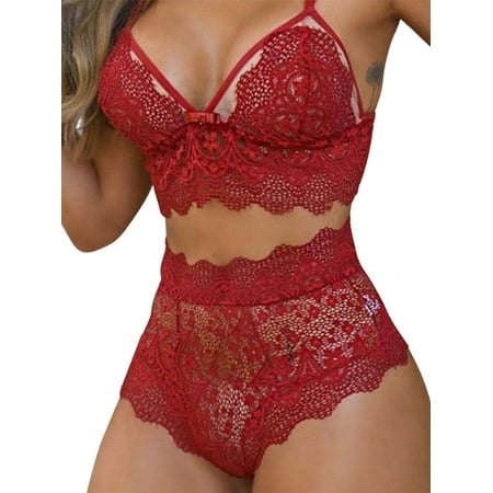 

Capreze Women Lingerie Set 2 Pieces Underwear Babydoll Transparent Nightdress Deep V Neck Ladies Sheer Lace Up Mesh See Through Claret L