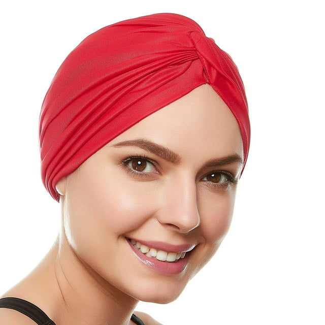 Beemo Womens Swim Cap Bathing Turban-Polyester Twisted Pleated Turban Head Cover - Red