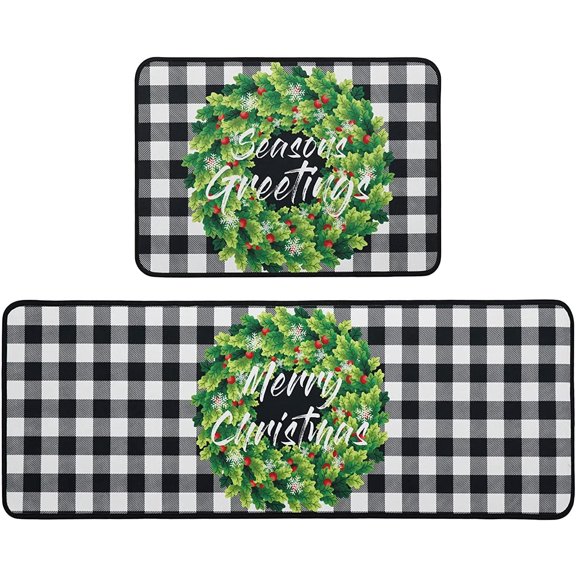 Christmas Holly Wreath Kitchen Rug Set,Buffalo Plaid Merry Christmas Xmas Winter Holiday Runner Rugs with Rubber Backing,Throw Rugs Washable for Kitchen Sink,Laundry Room,Standing Desk,Indoor