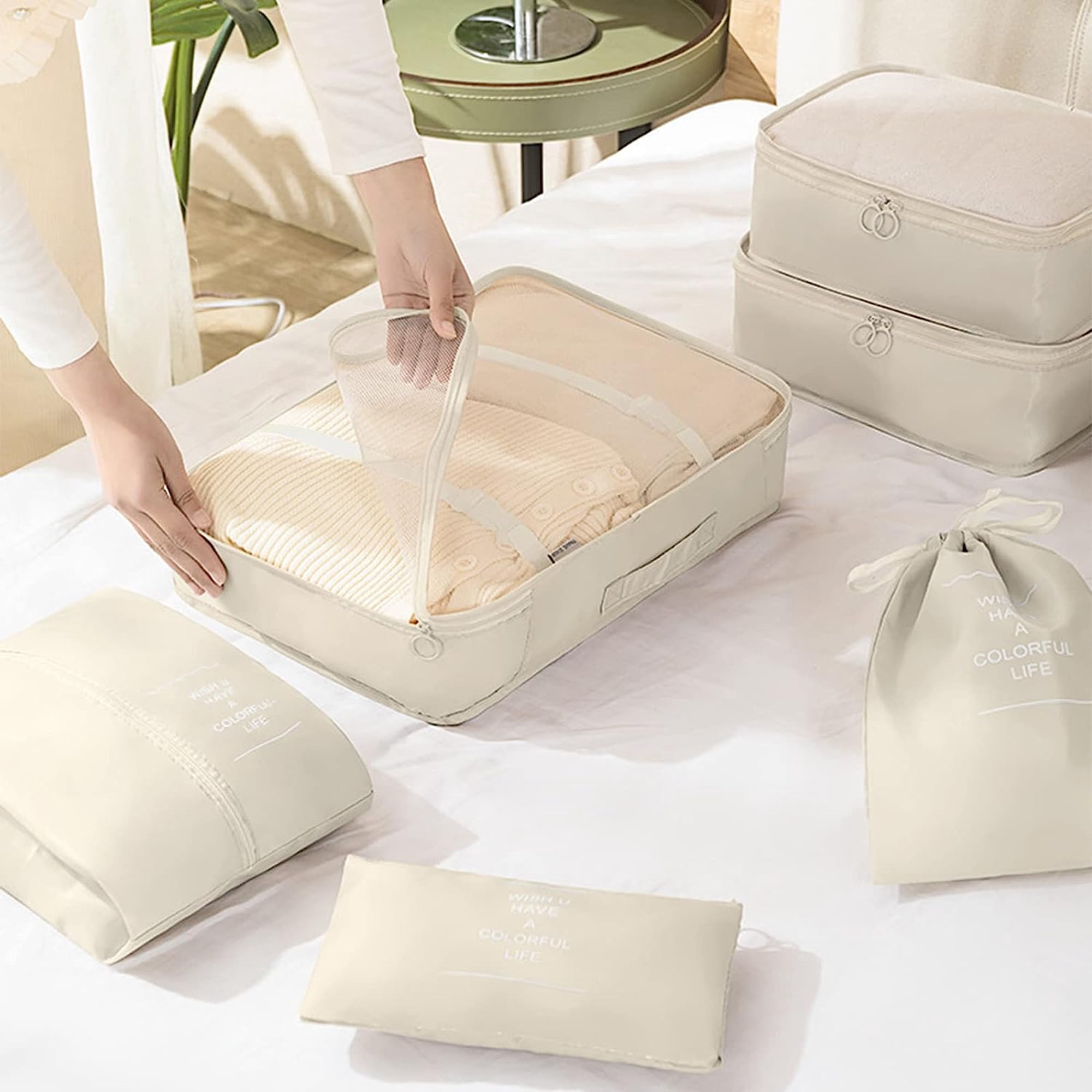 lEPECQ Packing Cubes for Travel & Suitcases Foldable Suitcase Organizer Lightweight Luggage Storage Bag 6 Pack - Beige