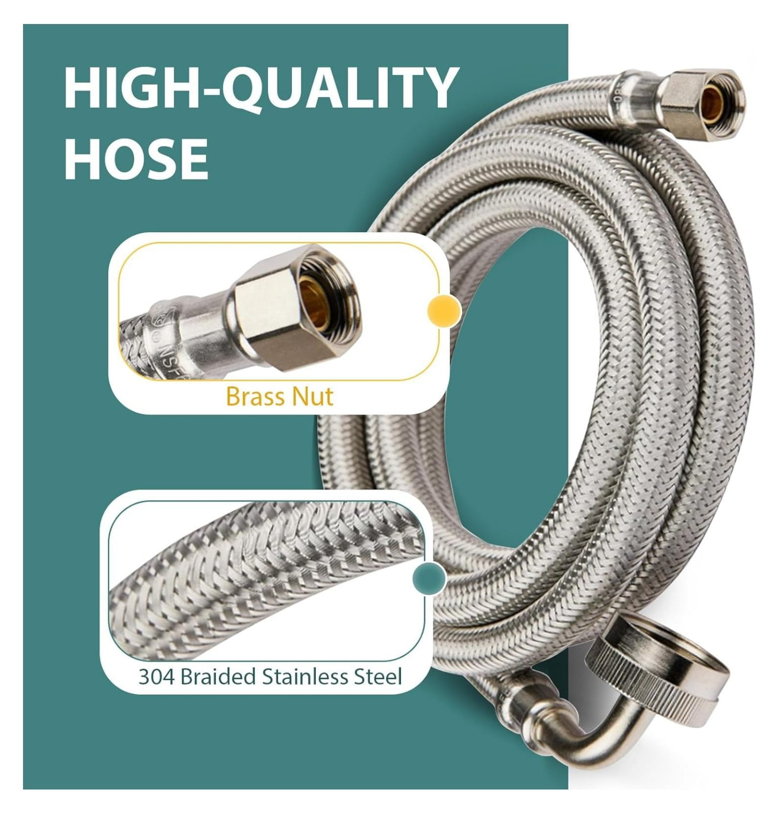2-PACK 10 FT Stainless Steel Dishwasher Hose with 90 Degree FGH Elbow, 3/8" Comp x 3/4” FHT Water Supply Line