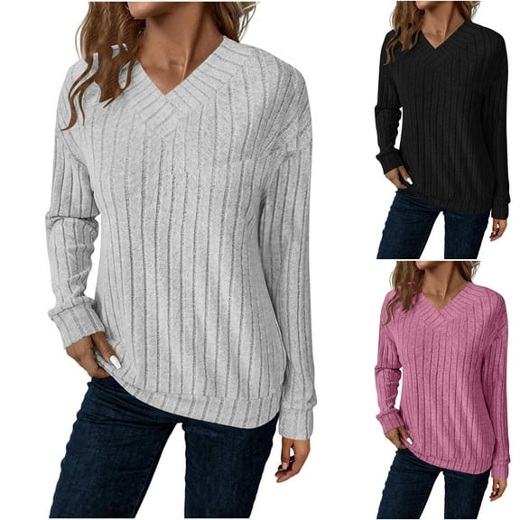 Ashirexll Womens Long Sleeve T Shirts Winter Tops for Casual Solid Color V-Neck Knit Pullover T-Shirt with Pockets