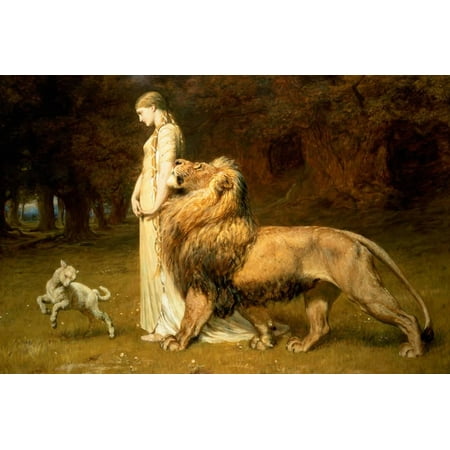 Dkny Animal Print - Una and the Lion, from Spenser's Faerie Queene, 1880 Traditional Figurative Women Animals Print Wall Art By Briton Rivi?re