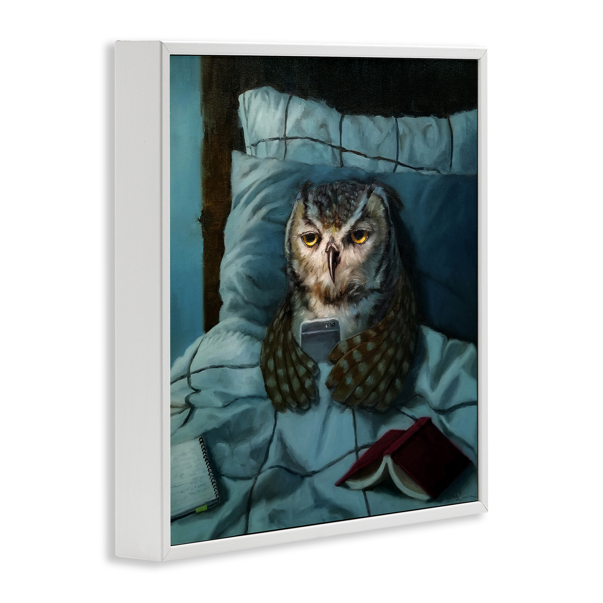 Stupell Industries Night Owl on Phone Animals & Insects Painting White Framed Art Print Wall Art, 17 x 17
