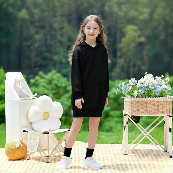 JIAYUE Girls Hoodie Sweatshirts Winter Warm Dress Solid Color Long Sleeve Hooded Pullover With Pocket For Toddlers Casual Elegant Dresses