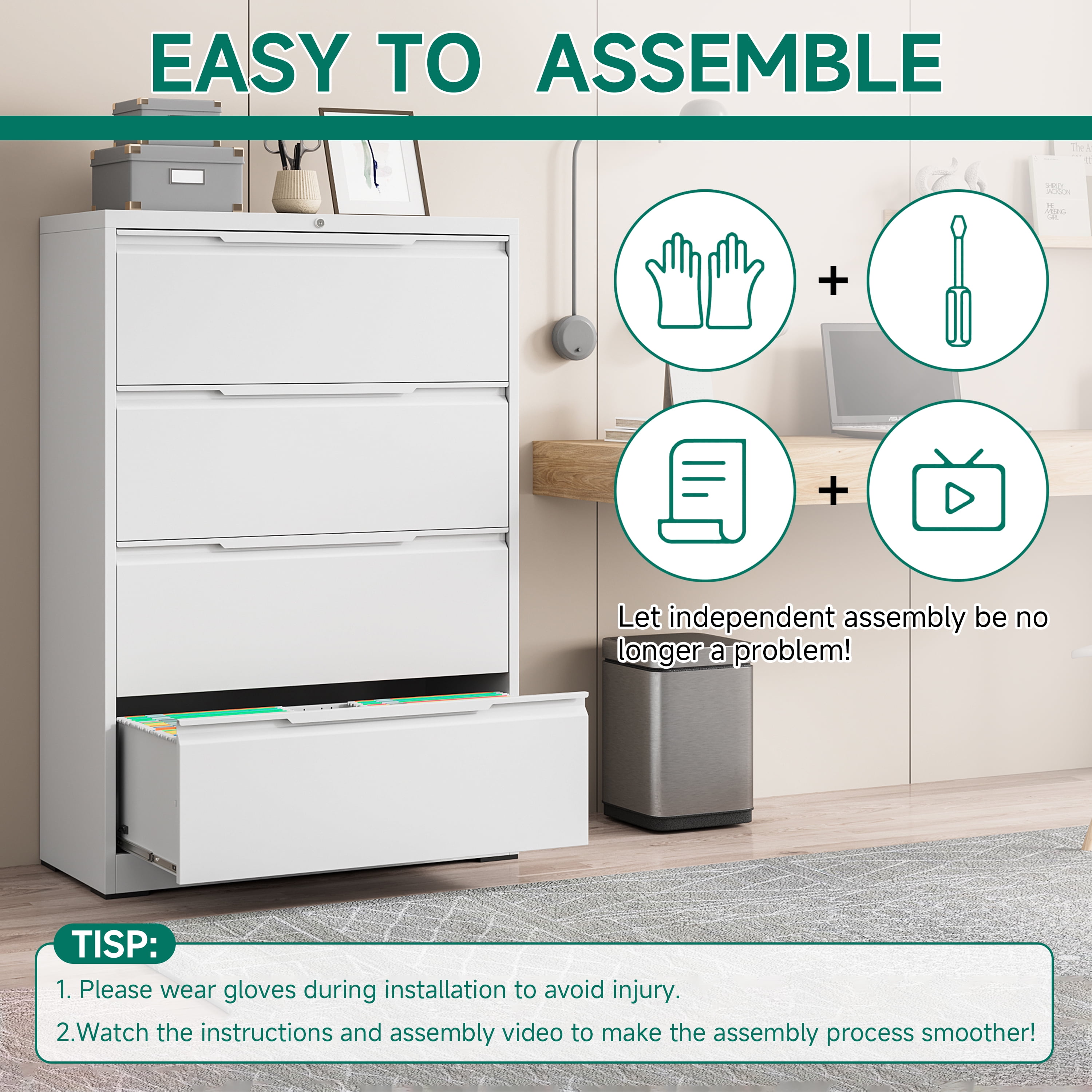 Kooyon 4 Drawer White Lockable Lateral File Cabinet, Metal Home Office Filing Cabinet, Fits A4/Letter/Legal -Assembly Required
