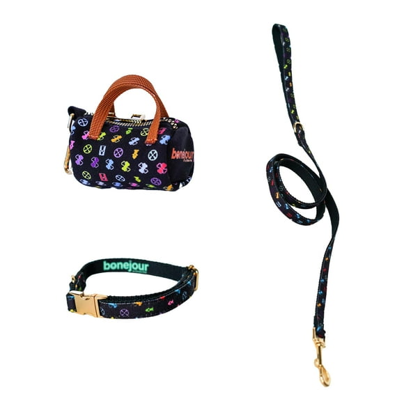 Dog Walk Bundle Green Pet Bonejour Black Petite con dispensador de bolsas, 960 bolsas de basura, collar y correa