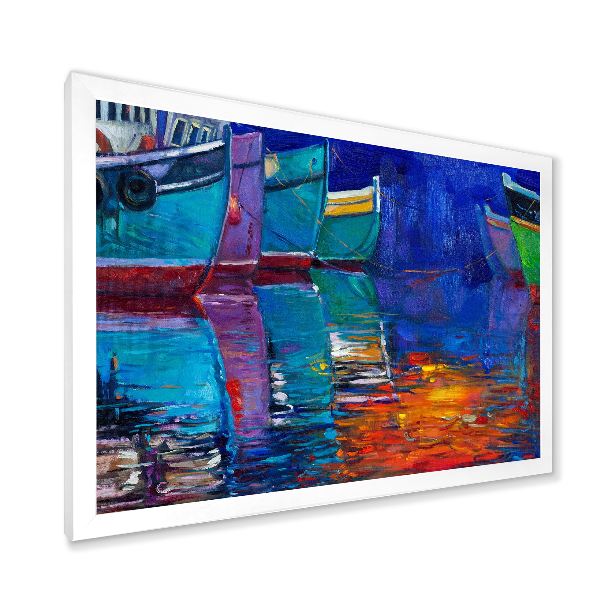 Boats During Warm Sunset Resting On The Water I 20 in x 12 in Framed Painting Canvas Art Print, by Designart
