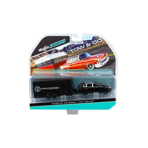 Porsche Cayenne Black and Car Trailer Tow & Go 1/64 Diecast Model by Maisto