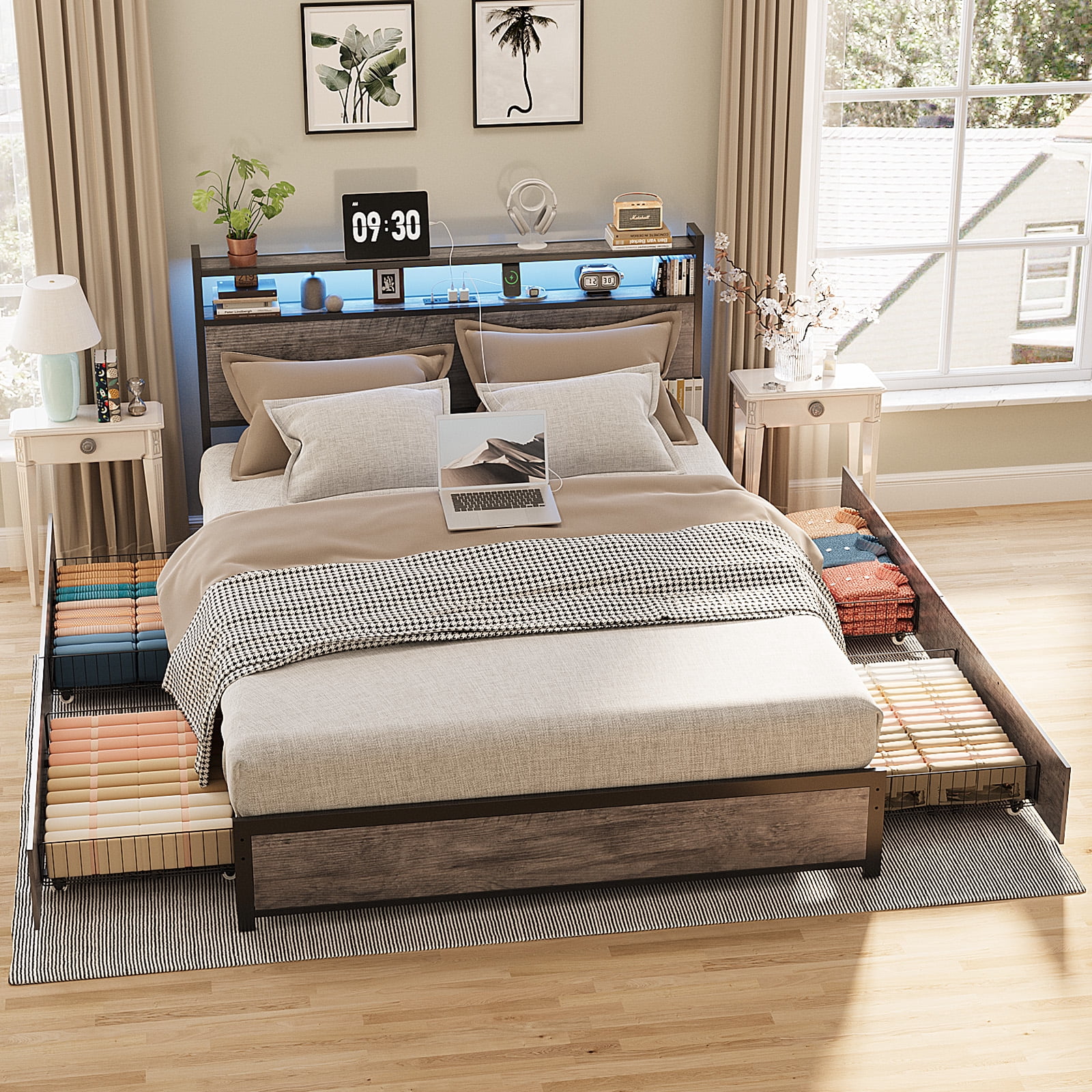 Zimtown King Bed Frame with 2-Tier Storage Headboard, Metal Platform Bed Frame with 4 Storage Drawers, Built in Charging Station & LED, Gray