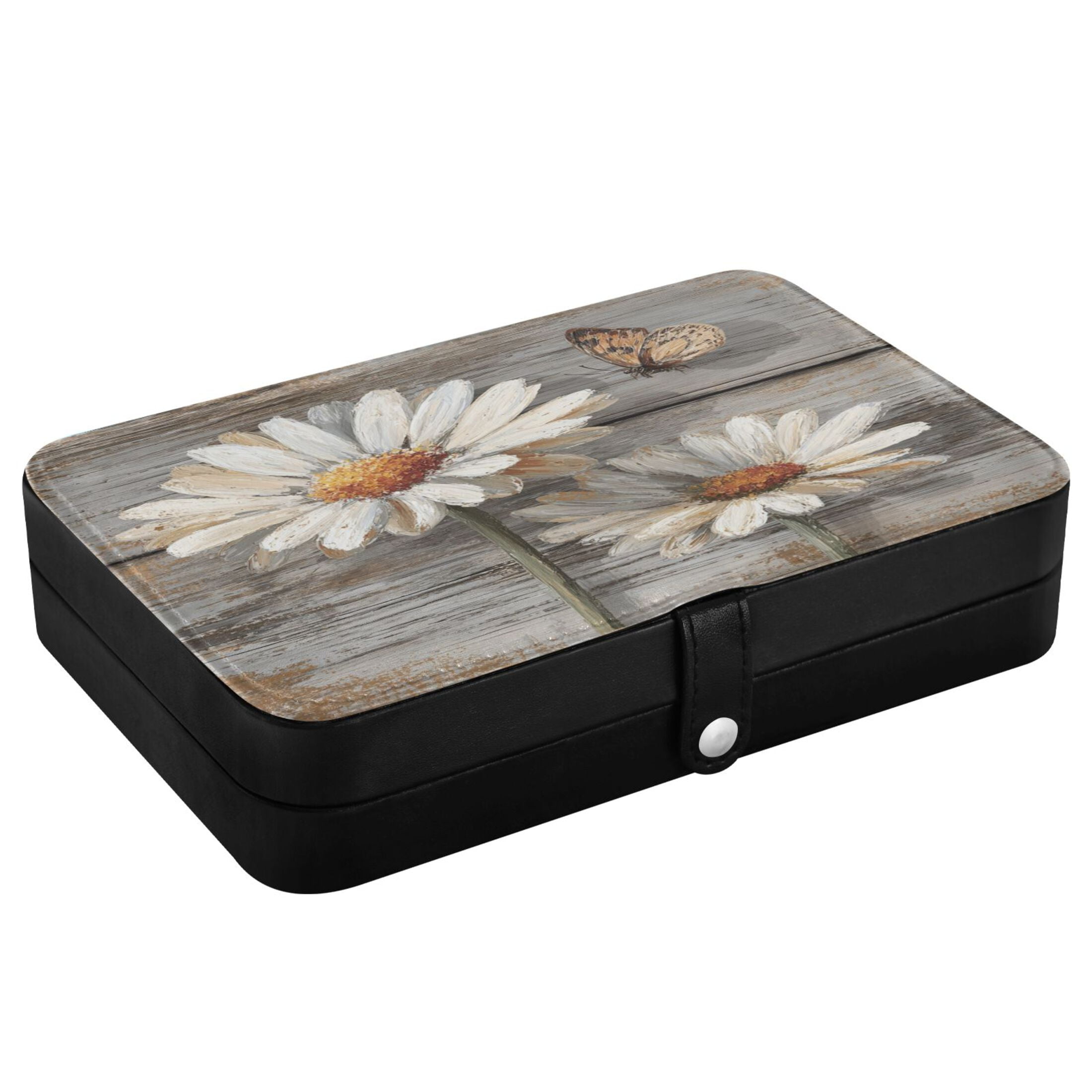 Leather Jewelry Box Travel Jewelry Storage Earrings Necklace Bracelet Watch Brooch Storage White Chrysanthemum Beautiful