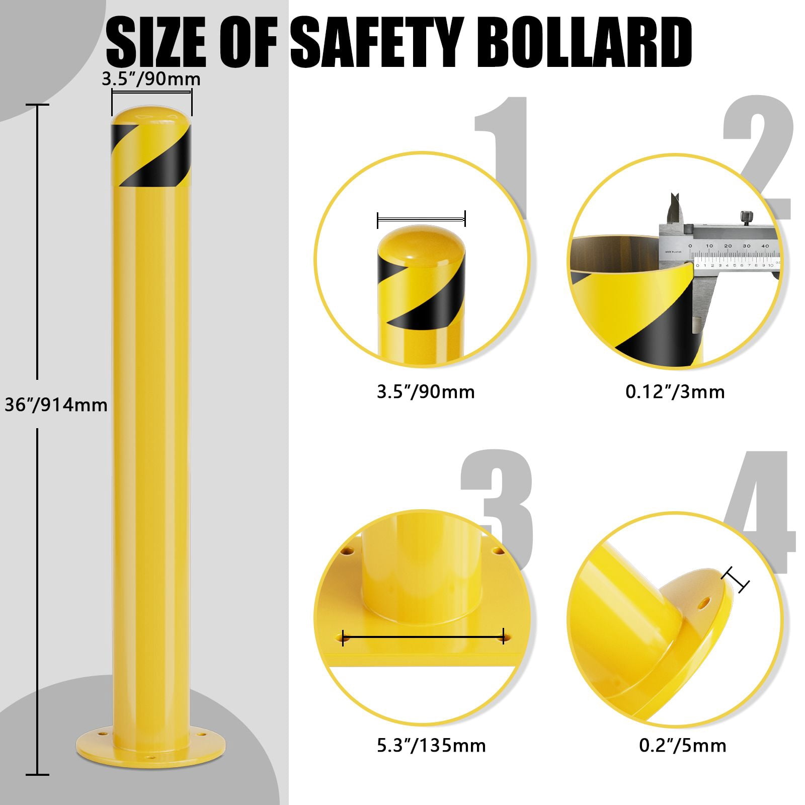 Safety Bollard Post 36/42 inch Height Safety Bollard, 3/3.5 inch Diameter Powder Coated Steel Bollard Post, Industrial Yellow Bolt Down Bollards with Anchor Bolts, Parking Post