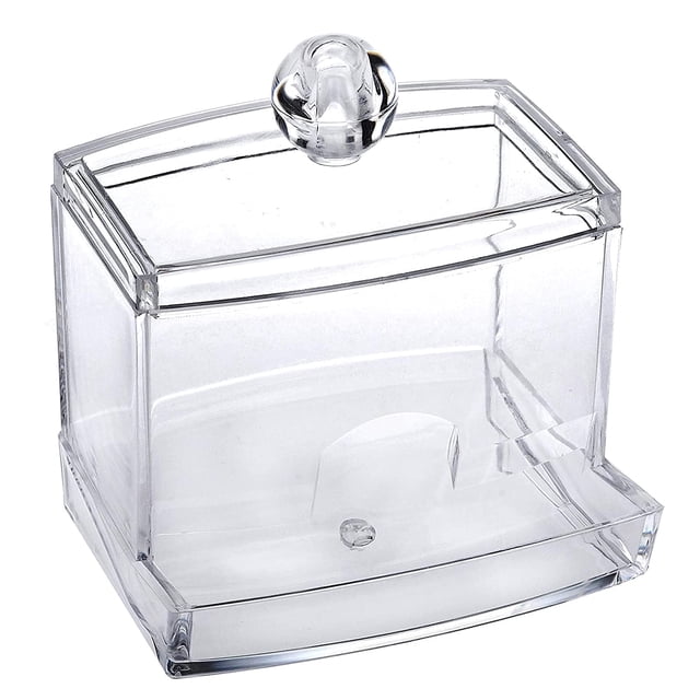 Dispensador de soporte para baño, pequeño hisopo de algodón acrílico transparente, organizador a prueba de polvo para palillos de dientes con tapa