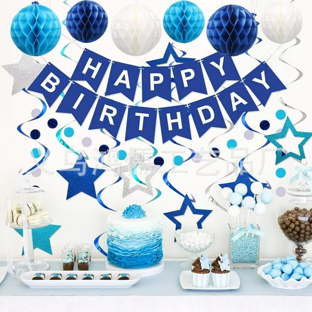 Decoración de cumpleaños azul, pancarta de feliz cumpleaños azul marino con bola de panal, serpentina de remolino colgante de estrella, decoraciones de guirnalda de puntos circulares, decoraciones de