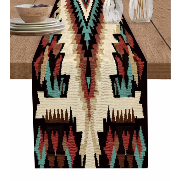Ldtrchee Brown Teal Red Boho Table Runner 48 Inches, Southwestern Retro Geometric Abstract Bed Runner Dresser Scarves Tabletop for Indoor Outdoor Parties/Ceremony/Banquet, 13" x 48"