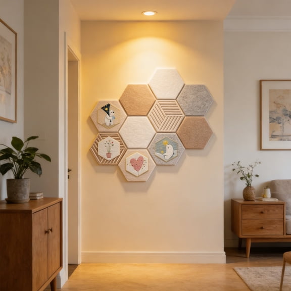 Hexagon Cork Board Tiles 10 Pack with and 40 Push Pins, Felt Bulletin Boards for Wall Decor, Office, Bedroom and Classroom