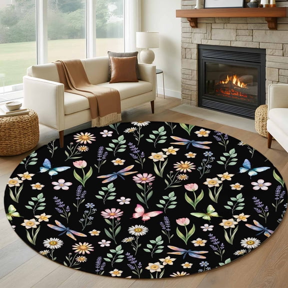 Round Area Rug 6 Ft, Spring Floral Washable Non-Slip Circle Carpet for Living Room/Bedroom, Elegant Pastoral Flowers Dragonfly Black Low-Profile Indoor Mats Collection Rugs for Residential