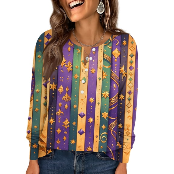 Womens Mardi Gras Shirts Sequins Sparkly Crew Neck T Shirts Feathers Print Long Sleeve Holiday Tops Purple 3XL