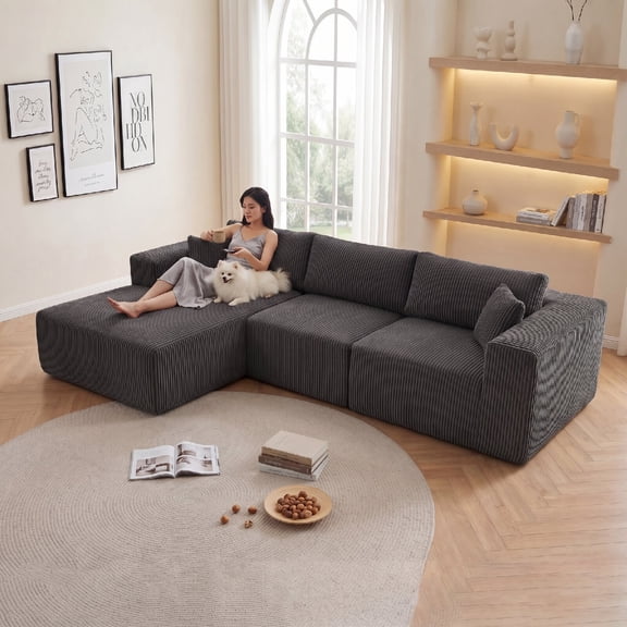 Modular Sectional Modular L-Shape Compress Sofa Couch with Chaise, 3 Seat Modern Corduroy Cloud Sectional Sofa Couch with Deep Seat and Upholstered Boneless s for Living Room, Apartment, Grey