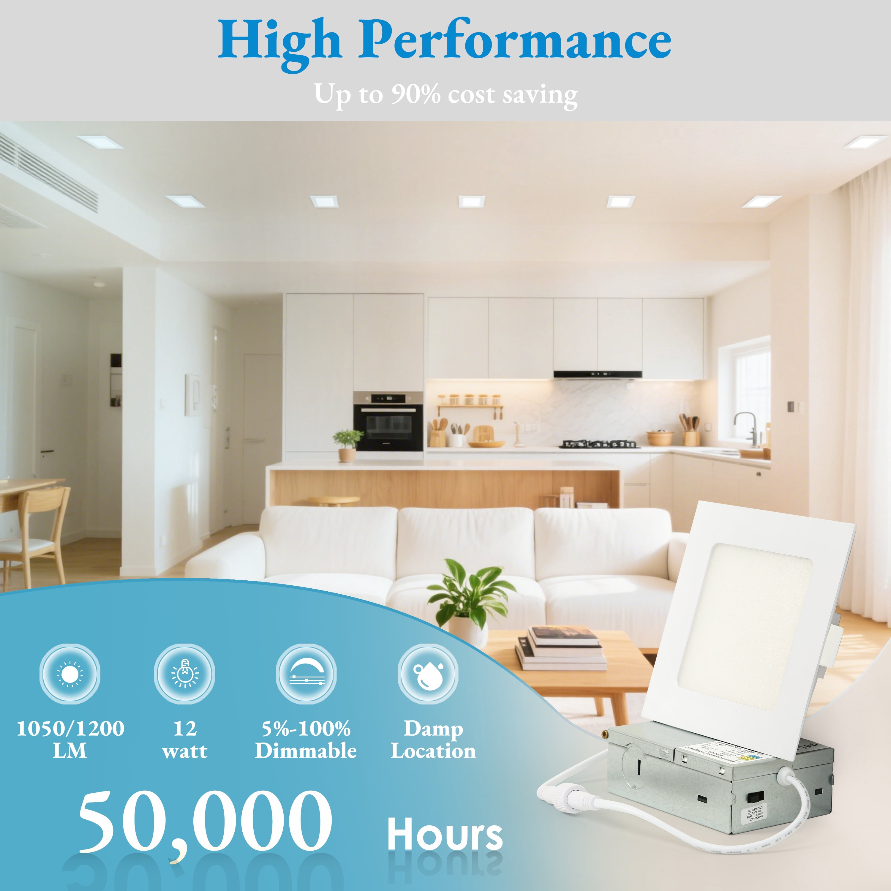 LNC 4 Inch Square LED Recessed Light,9W,3CCT,850LM,Dimmable,Canless,Energy Star,ETL Listed,for Kitchen,Living Room,Bedroom