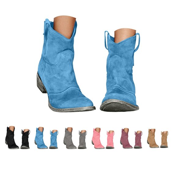 Western Cowgirl Boots for Women Suede Short Cowboy Booties Slouchy Low Heel Suede Chunky Heel Ankle Round Toe Short Boots Retro Back Zipper Mid Calf Booties Comfortable Warm