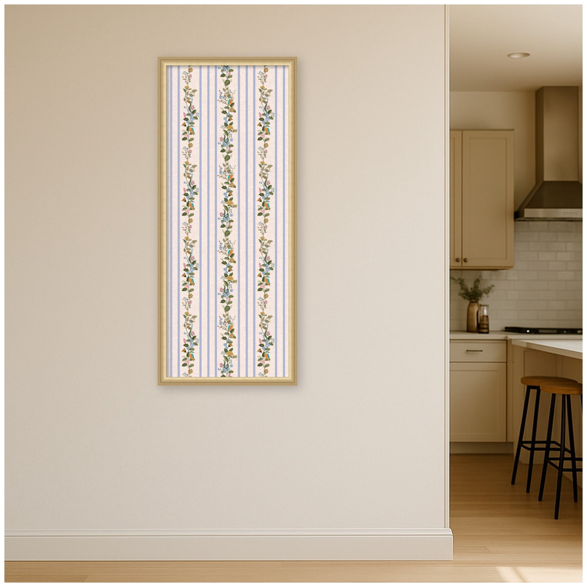 Kate and Laurel Framed Fabric Pinboard 18 x 42, MC Striped Botanical Birds Singing Printed Linen Casual Transitional Bulletin Board for Use as a Vision Board or Wall Organization, Florence Gold Frame