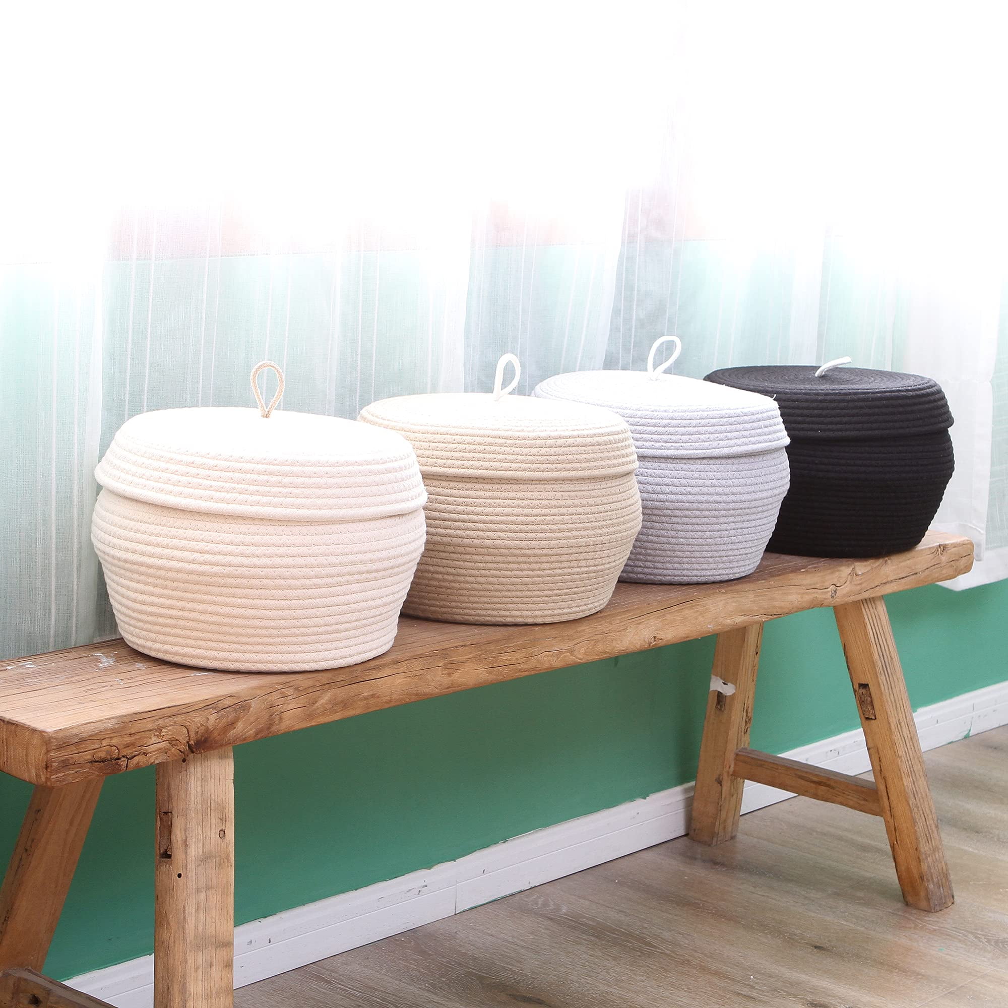 Sea Team Round Cotton Rope Storage Basket with Lid, Decorative Woven Storage Bin, Pot, Caddy, Organizer, Container for Snacks, Towels, Plants, 13 x 9 Inches (Large, Black)